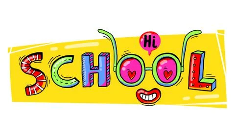 Word School hand drawn in a fun cartoon style.Vector illustration Stock Illustration