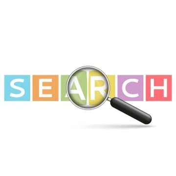 Word search emblem on multi-colored cubes with realistic magnifier seo techno Stock Illustration