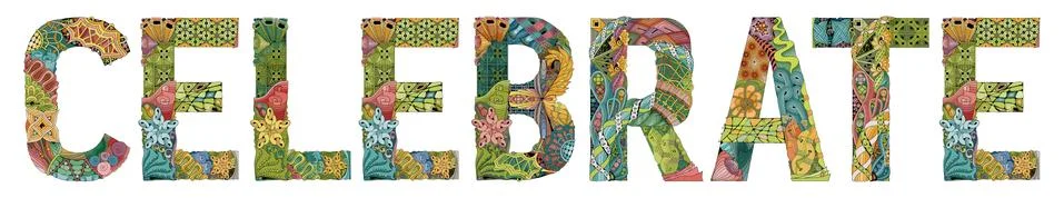 Word SELEBRATE with falling leaves. Vector decorative zentangle object Ilustración de archivo