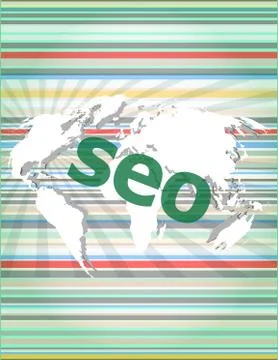 The word seo on digital screen, it concept of citation, info, testimonials, n Illustrazione stock