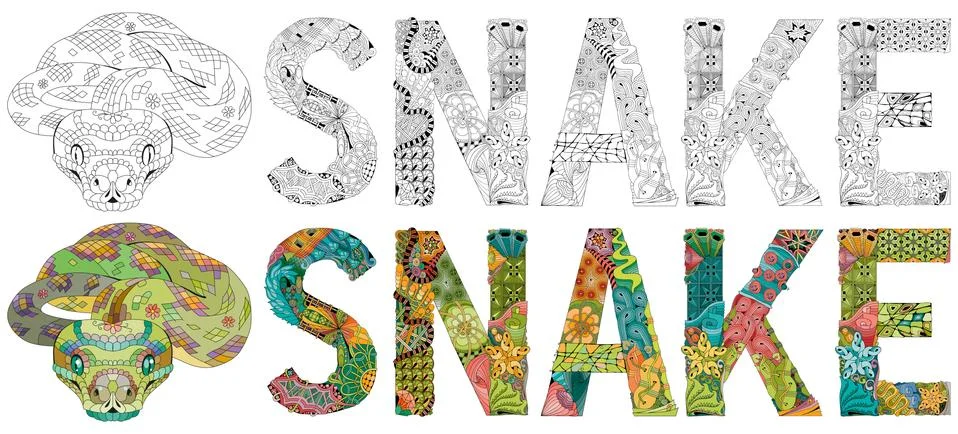 Word snake. Vector zentangle object for decoration. Color and outline set Stock Illustration