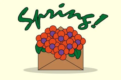 Word spring above open envelope with flowers inside. Spring flower concept Stock Illustration