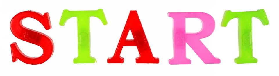 The word start is lined with multi-colored plastic letters Foto stock