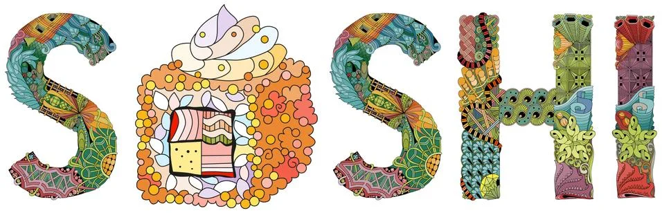 Word SUSHI. Vector zentangle object for decoration Stock Illustration