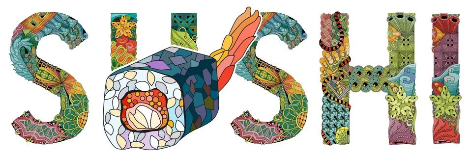 Word SUSHI. Vector zentangle object for decoration Stock Illustration