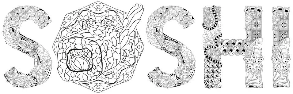 Word SUSHI. Vector zentangle object for coloring Stock Illustration