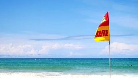 A word Swin Here on the red and yellow flags on the beach.To tell the point s Видео 79738258