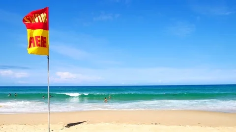 A word Swin Here on the red and yellow flags on the beach.To tell the point s 動画素材 79738398