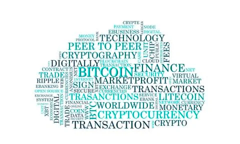 Word tag cloud bitcoin crypto currency, vector Stock Illustration