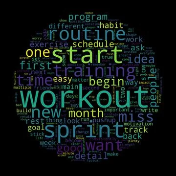 Word tag cloud on black background. Concept of workout. Stock Illustration