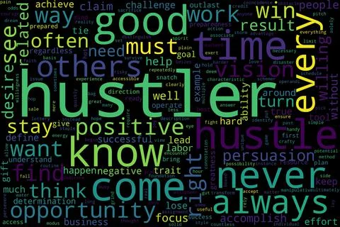 Word tag cloud on black background. Concept of hustler. Stock Illustration