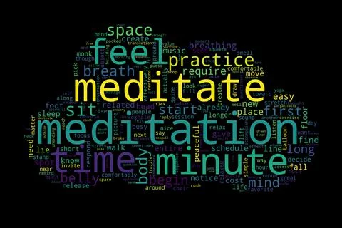Word tag cloud on black background. Concept of meditation. Stock Illustration