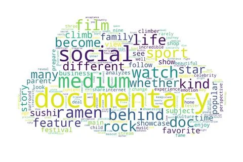 Word tag cloud on white background. Concept of documentary. Stock Illustration