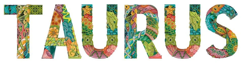 Word Taurus. Vector zentangle object for decoration, for coloring Illustrazione stock