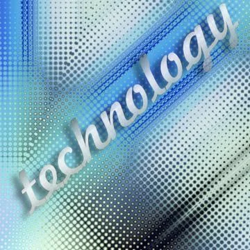 Word TECHNOLOGY written on dotted abstract metallic blue background Stock Illustration