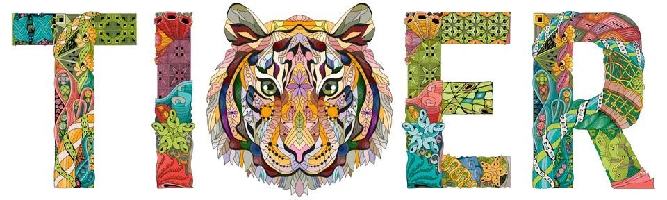 Word tiger. Vector zentangle object for decoration Illustrazione stock