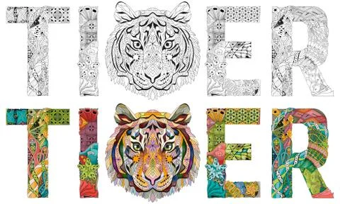 Word tiger. Vector zentangle object for decoration. Color and outline set Stock Illustration