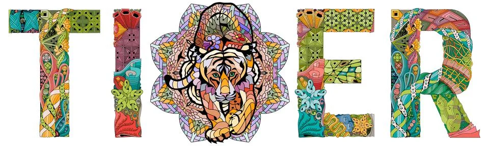 Word tiger. Vector zentangle object for decoration Illustrazione stock