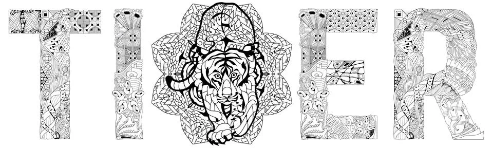 Word tiger. Vector zentangle object for coloring Stock Illustration