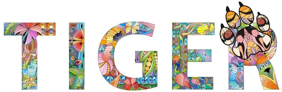 Word tiger. Vector zentangle object for decoration Stock Illustration
