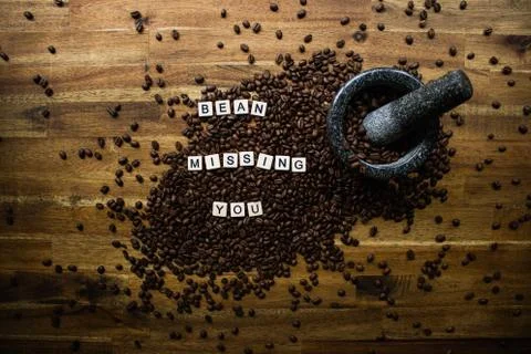 Word Tiles Coffee Bean Missing You Dark Timber Background Stock Photos