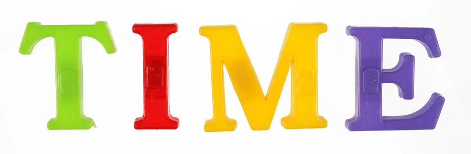 Word time is lined with multicolored plastic letters Foto stock