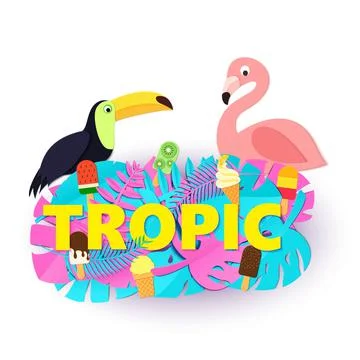 Word TROPIC composition with creative pink blue jungle leaves ice cream toucan Stock Illustration