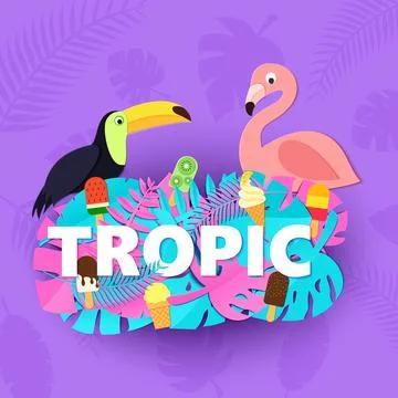 Word TROPIC composition with creative pink blue jungle leaves ice cream toucan Illustrazione stock