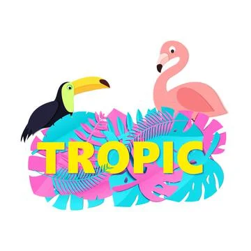Word TROPIC composition with creative pink blue jungle leaves toucan flamingo on Illustrazione stock