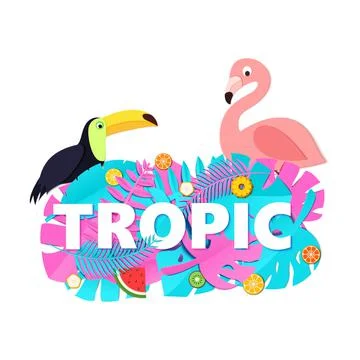 Word TROPIC composition with creative pink blue jungle leaves fruits toucan Illustrazione stock
