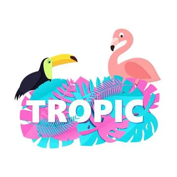 Word TROPIC composition with creative pink blue jungle leaves toucan flamingo on Illustrazione stock