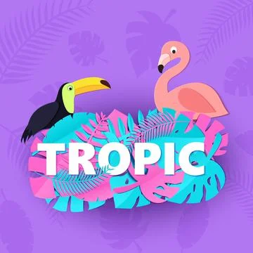 Word TROPIC composition with creative pink blue jungle leaves toucan flamingo on Illustrazione stock