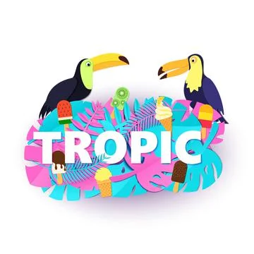 Word TROPIC composition with creative pink blue jungle leaves ice cream two Stock Illustration