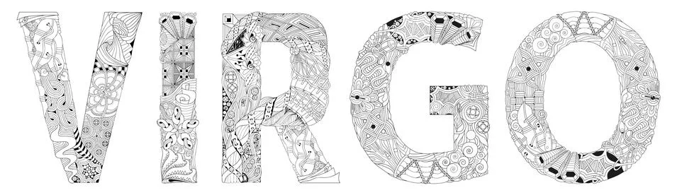 Word VIRGO. Vector zentangle object for decoration, for coloring Stock Illustration