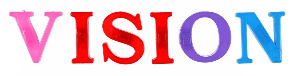 The word vision is lined with multi-colored plastic letters Stock Photos