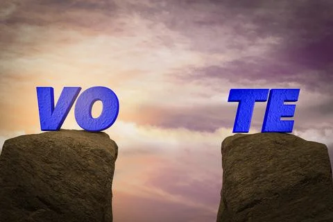 Word vote divided by two mountains demonstrating Divided vote concept. 3D ill Stock Illustration