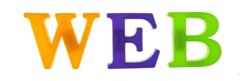 Word web is lined with multicolored plastic letters on magnets, Foto stock