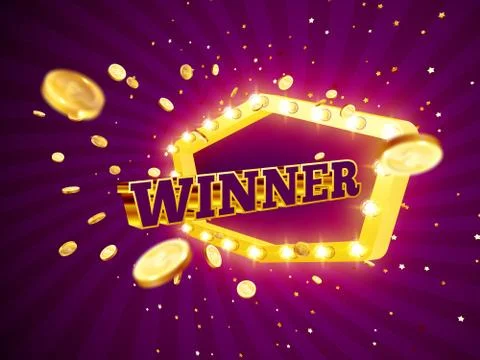 The word Winner, surrounded by a luminous frame and attributes of gambling, o Stock Illustration