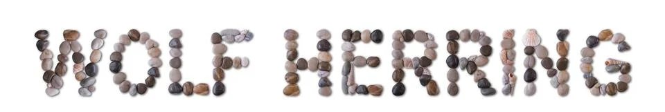 The word "WOLF HERRING" is lined with shells and stones of different shapes.. Fotos Stock