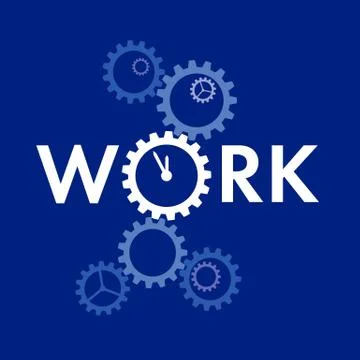 Word 'Work' with big gear instead 'O' on blue background Stock Illustration