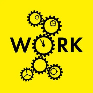Word 'Work' with big gear instead 'O' on yellow background 스톡 일러스트