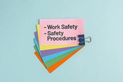 Word Work Safety and Safety Procedures signs clipped to colored cards, repr.. Stock Photos