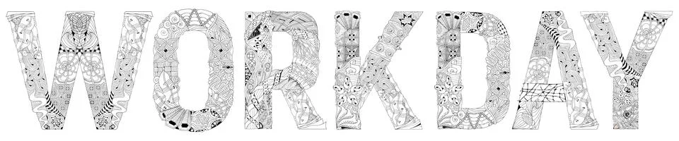Word WORKDAY. Vector decorative zentangle object for coloring Illustrazione stock