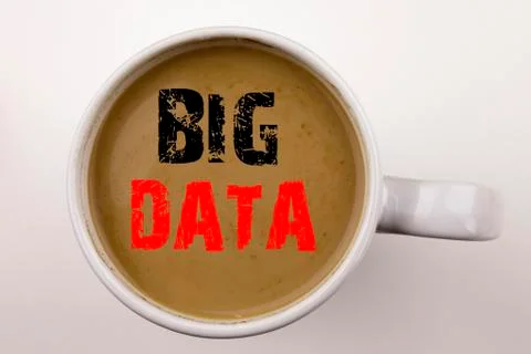 Word, writing Big Data text in coffee in cup. Business concept for Storage Ne Stock Photos