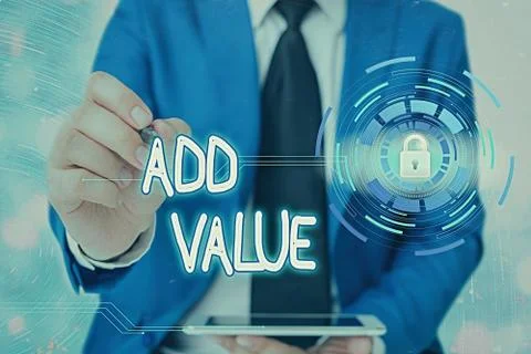 Word writing text Add Value. Business concept for an improvement or addition to Stock Photos