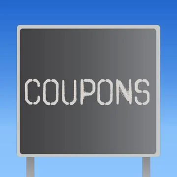 Word writing text Coupons. Business concept for Certificate Ticket Label for Illustrazione stock