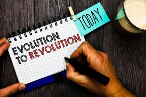 Word writing text Evolution To Revolution. Business concept for adapting to w Fotos de archivo