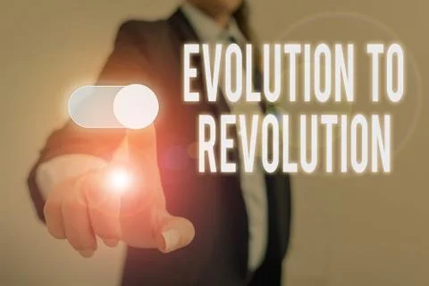 Word writing text Evolution To Revolution. Business concept for adapting to way 스톡 사진