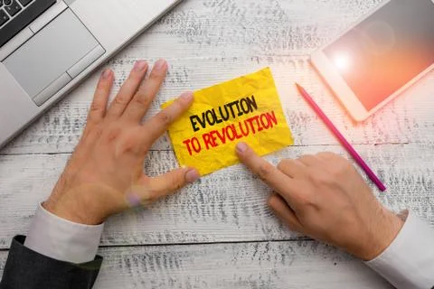 Word writing text Evolution To Revolution. Business concept for adapting to way Foto stock