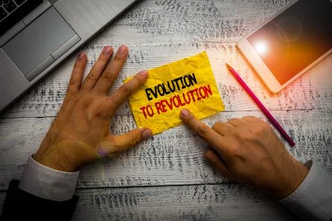 Word writing text Evolution To Revolution. Business concept for adapting to way Foto stock